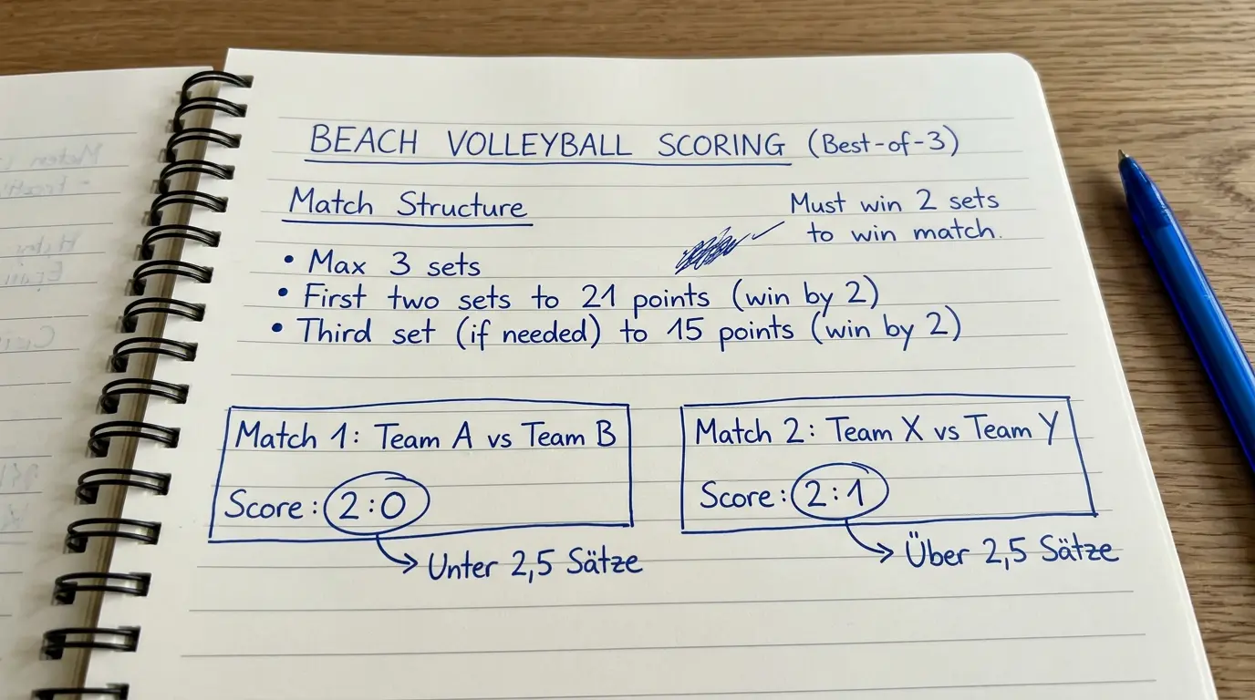 Beachvolleyball Best-of-Three Format erklärt – zwei Sätze bis 21, Tiebreak bis 15 Punkte