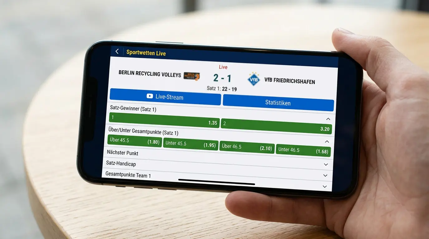 Smartphone zeigt mobile Volleyball Wetten App mit Live-Quoten und In-Play-Märkten eines deutschen Wettanbieters