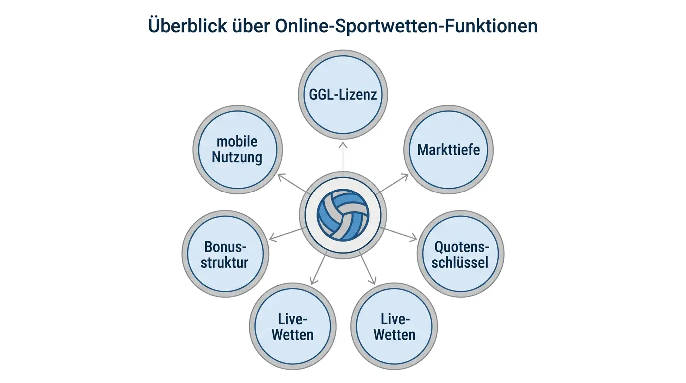 Übersicht der Vergleichskriterien für Volleyball Wettanbieter: Märkte, Quoten, GGL-Lizenz und Bonus