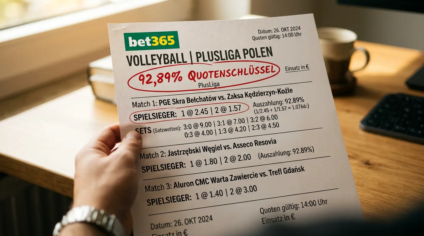 Quotenschlüssel bei bet365 für PlusLiga Volleyball Wetten – 92,89 Prozent laut betrugstest.com