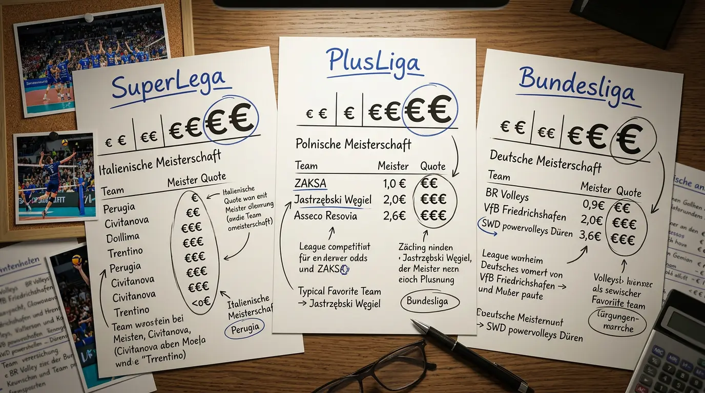 Langzeitwetten auf Volleyball-Ligasieger SuperLega, PlusLiga und Bundesliga – Quotenvergleich für Outright-Märkte