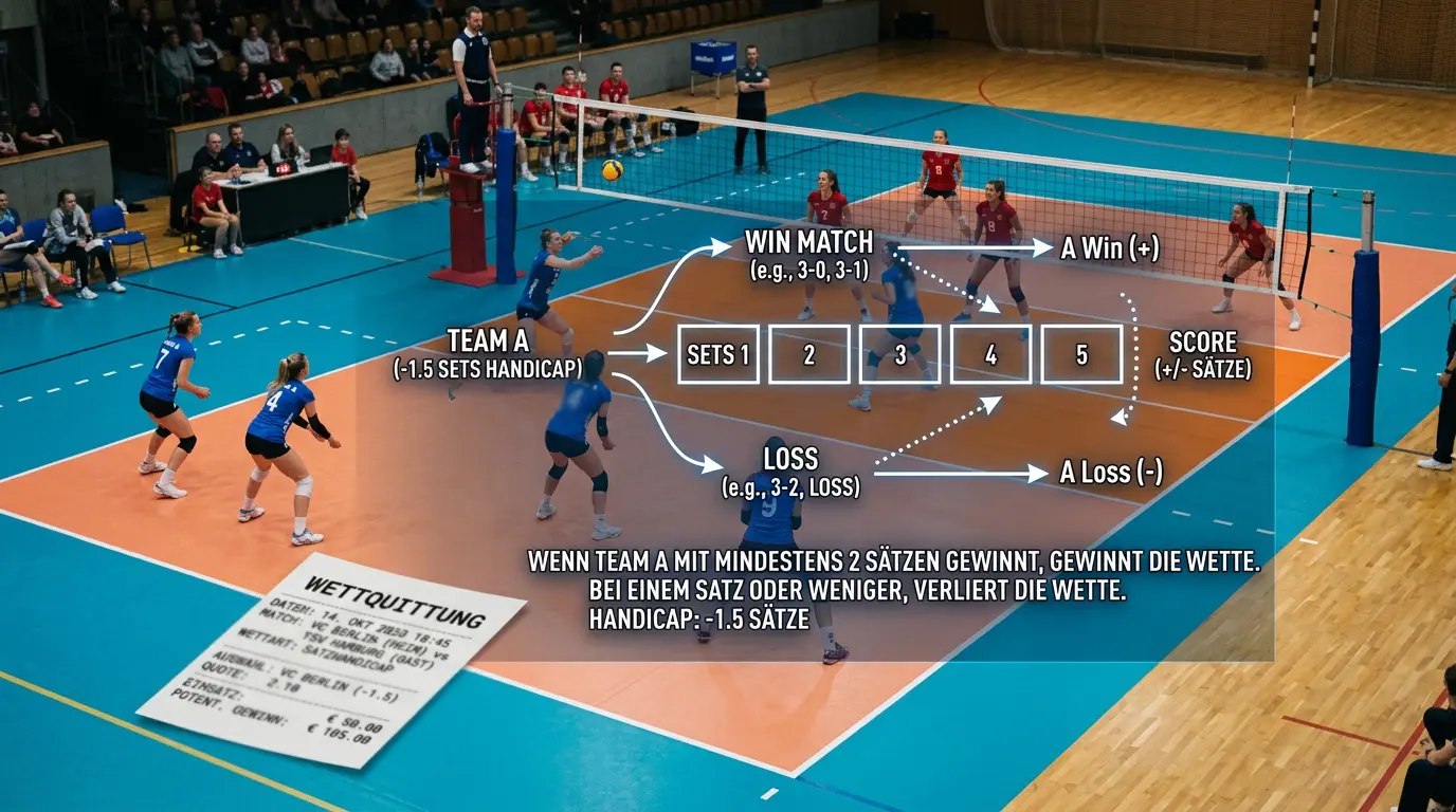 Erklärung des Volleyball Satz-Handicaps mit Wettscheinen und Satzständen auf dem Spielfeld