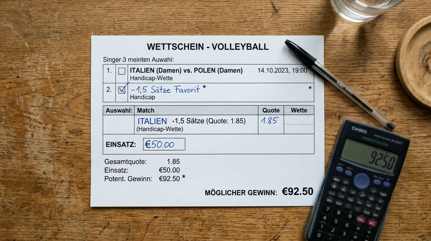Wettschein-Beispiel mit Volleyball Satz-Handicap -1,5 und berechneter Auszahlung