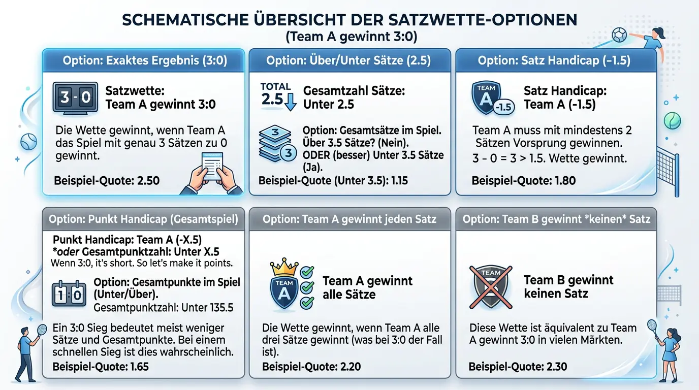 Volleyball Satzwette Erklärung mit den möglichen Ergebnissen 3:0, 3:1 und 3:2 und typischen Quoten-Beispielen