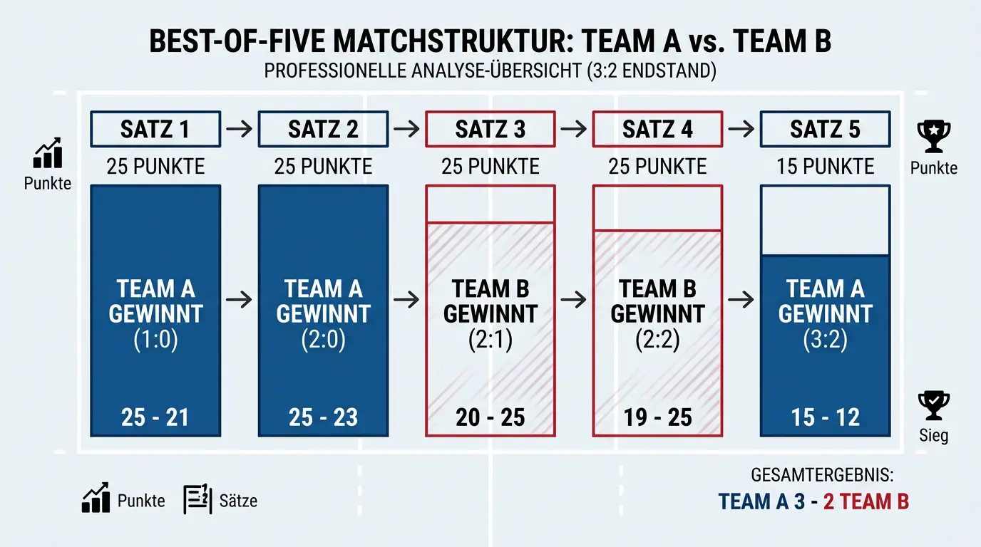 Grafik zum Volleyball Best-of-Five Spielformat mit Darstellung der Satz-Punktzahlen und Tiebreak-Regel