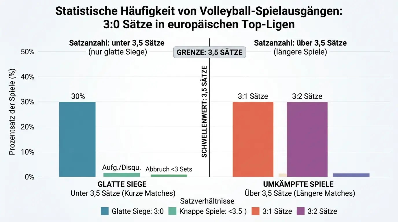 Volleyball Über/Unter 3,5 Sätze Wette erklärt mit Ergebnisszenarien und statistischer Häufigkeit verschiedener Spielausgänge